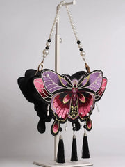 Purple-red Tassels Decorated Embroidered Butterfly Bag