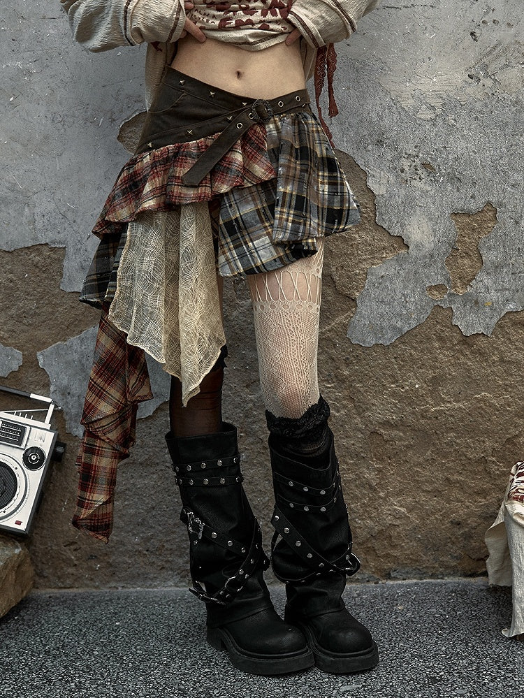Waist Belt Design Red and Brown Punk Asymmetrical Plaid Skirt with Studs