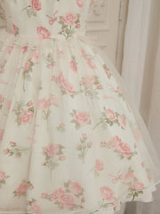 Pink Rosette Print White Illusion Neckline Summer Lolita Dress