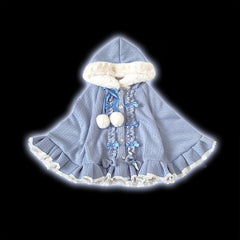 4 Colors Jirai Kei Rhinestone Button Fleece-lined Hooded Cape with Pom-poms, Bows and Ruffles