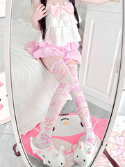 White & Pink Rainbow and Kitty Print Over Knee Stockings