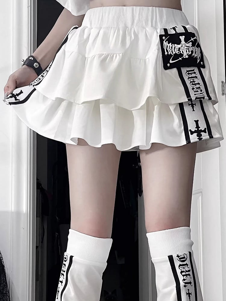 White Tiered Ruffle Skirt with Black Cross Prints & Elastic Waist
