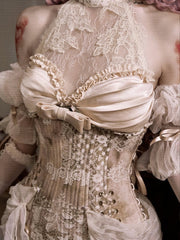 Rococo Illusion Lace Halter Neck Corset Top with Detachable Cascading Ruffle Accents