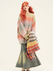 Cozy Rainbow Gradient Knit Pullover Sweater with Playful Pink Highlights