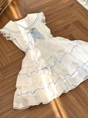 White and Blue Polka-dot Pattern Sailor Collar Navycore Dress Tiered Skirt