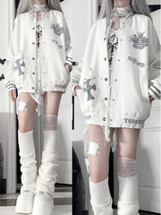 Vintage Gothic White Baseball Jacketwith Gray Crown+Wing Print&Striped Cuff