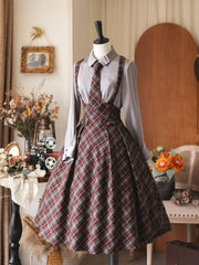 Vintage Preppy Style Red High Waist Plaid Overall Skirt with Tonal Tie