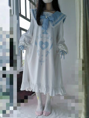 Jirai Kei Light Blue Sailor Dress with 'Angel's Dinner' Print, Winged Lace Collar & High-Low Hem