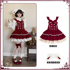 Red Sweet Winter Lolita Tiered Overall Dress + Bunny Ear Hairband