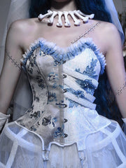 Half White Half Dusty Blue Corpse Bride Floral Embroidery Goth Boned Corset Top