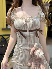 Bowknot Details Brown Striped Puff Sleeves Top