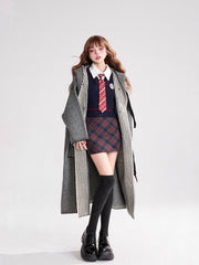 Vintage Preppy Gray Striped Hooded Cardigan Coat with Tie-Front Bow Closure
