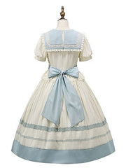 Milk White and Light Blue Sailor Collar Lolita Dress with Lace Trim and Puff Sleeves