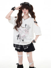 White Punk Graffiti T-shirt with Shoulder Cut-Outs & Plaid Inserts