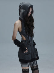 Punk Coordinated Streetwear Set: Dark Gray Zip-front Graffiti Cutout Hoodie Dress &  Striped Shorts