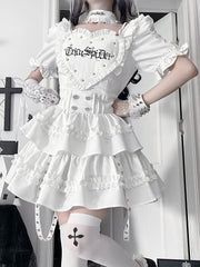 White Gothic Short Puff Sleeve Dress with Heart Patch & Layered Ruffle Skirt