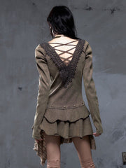 Wasteland Punk Vintage Brown-Green Knit Dress - Deep V-Neck with Collar Flower & Crossed Back Lace