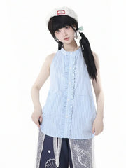 Blue Stripes Self-tie Bow Neck Sleeveless Shirt