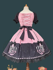 Pink & Black Polka Dot Sweet Lolita Dress with Chandelier Print and Lace Trim