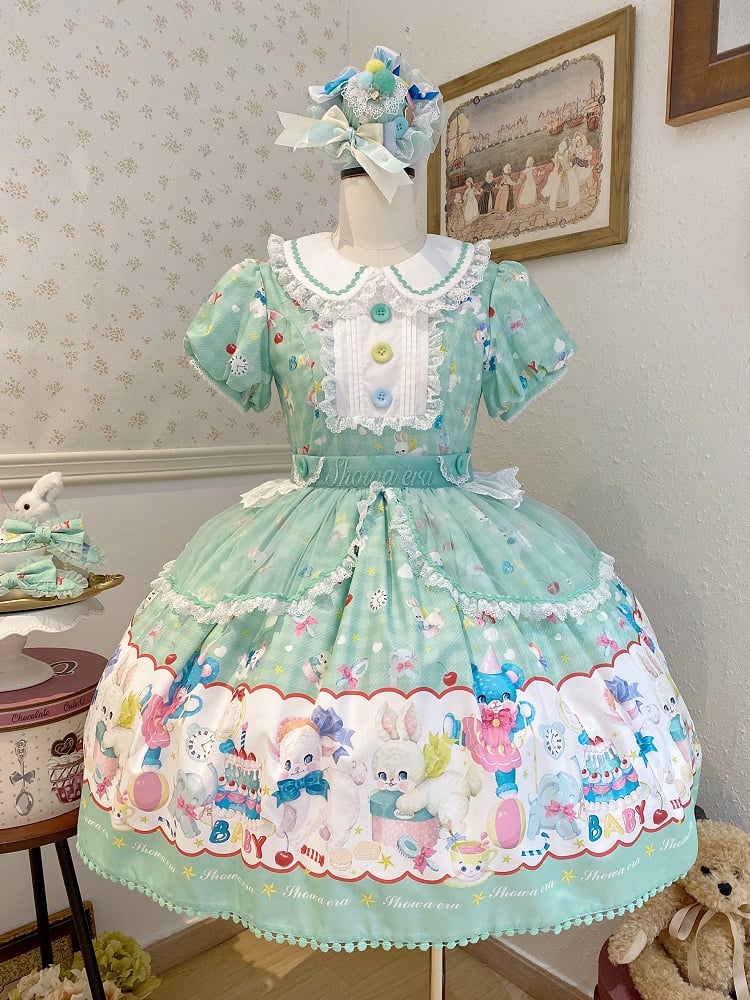Lamb and Bunny Print Green Short Sleeves Sweet Lolita Peter Pan Collar Dress