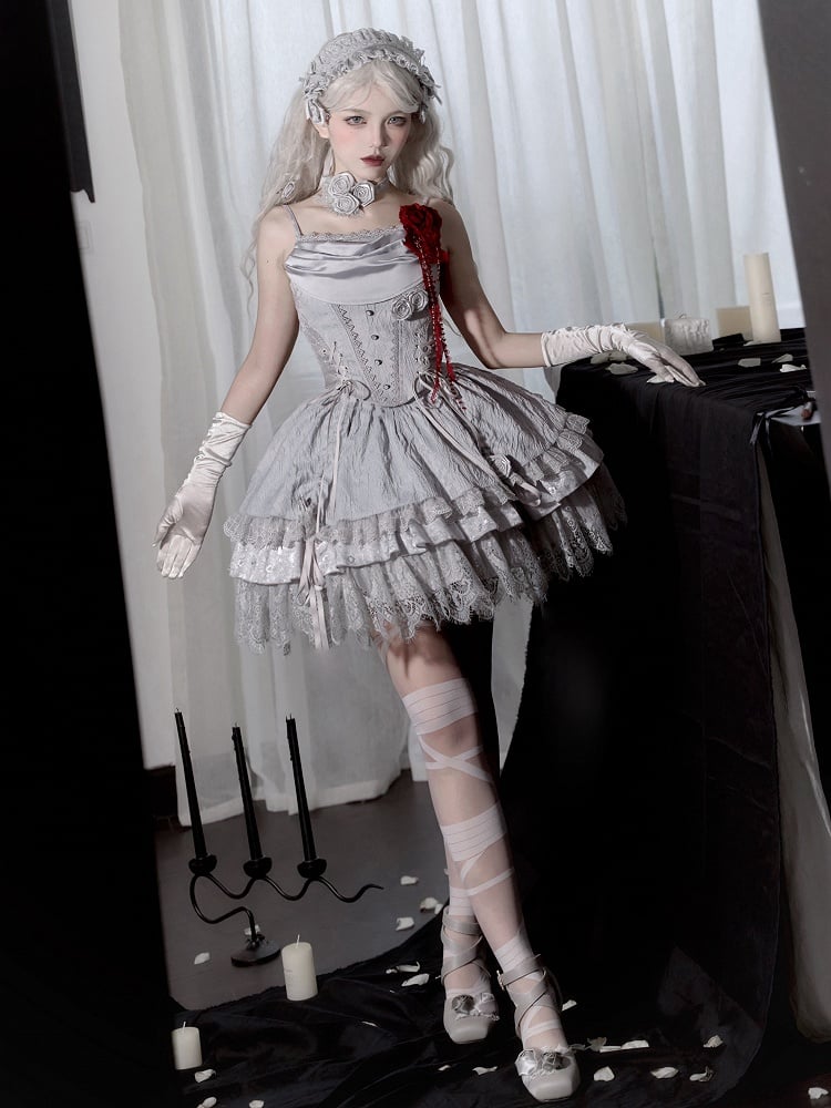 Silver Gray Drawstring Detail Gothic Witch Lolita Layered Skirt