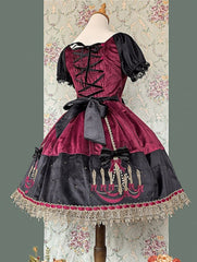 Wine Red Suede Polka Dot Sweet Lolita Dress with Chandelier Print and Black Bows