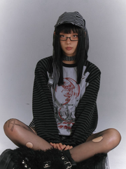 Long Sleeves Striped Top with Black and Gray Colorblock Design and Punk Print