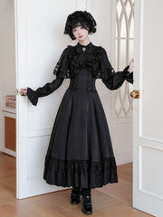 Ruffle Neckline Black Lace-up Waist Elegant Lolita Dress with Detachable Shawl