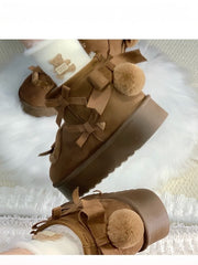 Sweet Brown Lolita Winter Boots - Bow Accents with Back Pompom & Heart Applique