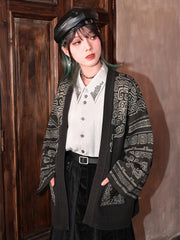 Light Gray Gothic Cheongsam Shirt with Bronze Embroidery & Bishop Sleeves