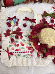 Sweet Lolita Cherry Print Lace Trim Canvas Handbag