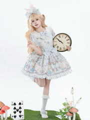 Alice in Wonderland Theme Print Light Blue Sweet Lolita Dress Peter Pan Collar One Piece