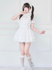 White Gothic Jirai Kei Dress Tiered Lace Skirt with Detachable Bell Sleeves