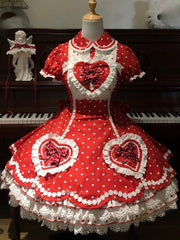 Red & White Heart Polka Dot Sweetheart Applique Sweet Lolita Dress with Bow Accents
