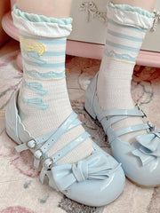 Blue Lemon Bowknot Print Ruffle Trims Sweet Lolita Calf Socks