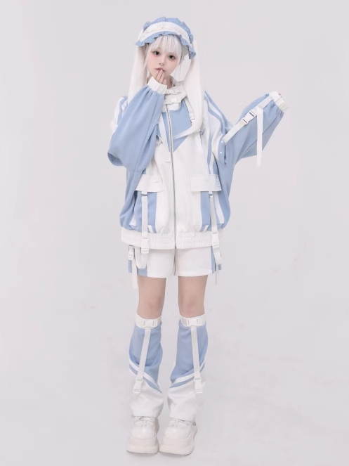 Tenshi Kaiwai Light Blue and White Full Techwear Set: Landmine Snap Jacket, Shorts, Leg Warmers & Hairband
