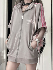Gray Punk Short Sleeve Zip-Up Jacket with White Cross Print & Pink Text Stripes