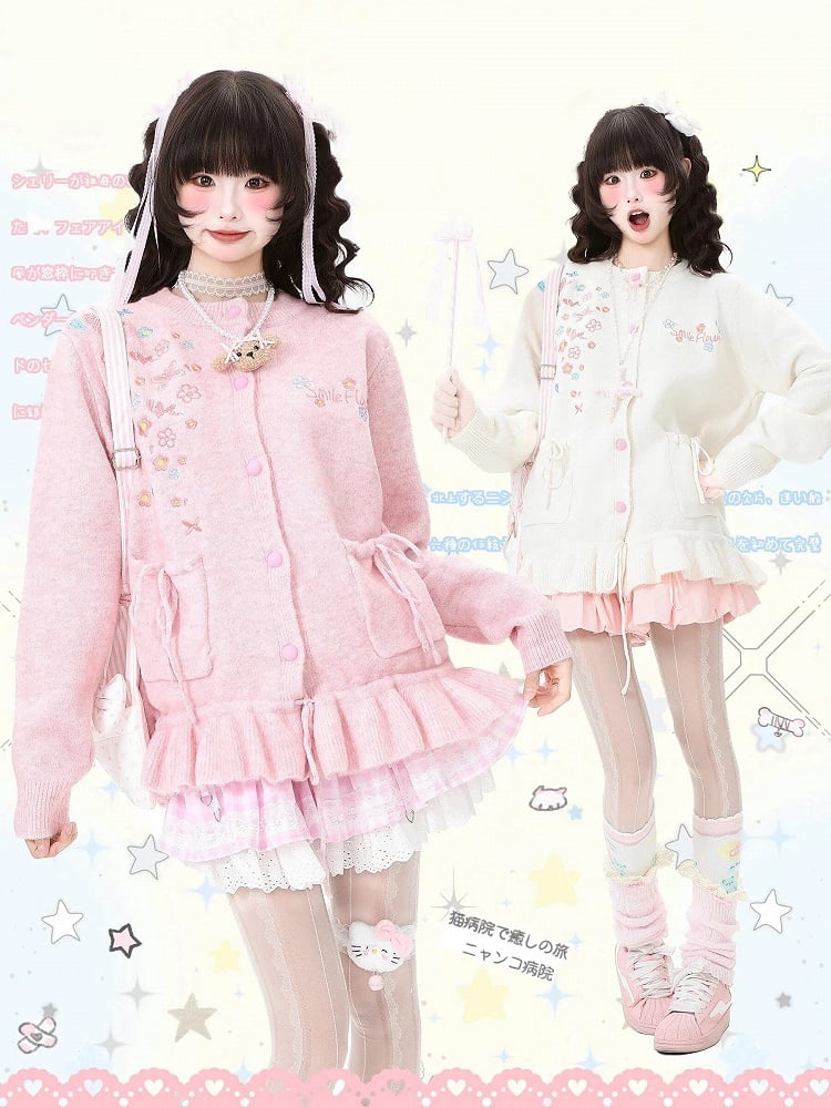 Pink/Apricot Daily Kawaii Cardigan with Ruffled Hem, Embroidered  Butterflies & Flowers