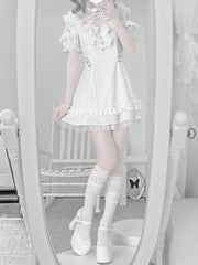 White Lace-up Detail Jirai Kei Halter Neck Dress with Bow Tie