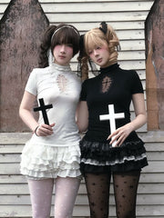 Clearance - Size for Waist 58-74cm Gothic Black Elastic Waist Tiered Cross Lace Trim Bloomers Skort