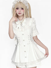 Jirai Kei All-White Short Sleeve Dress Set with Detachable Bib Bow Tie, Corset Lace-Up Waist & Matching Shorts