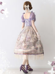 Purple and Beige Overlay Floral Print Basque Waist Lolita Dress