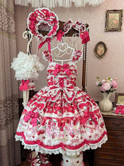 Red Flutter Sleeves Sweetheart Applique Sweet Lolita JSK Dress with Strawberry Cake Print