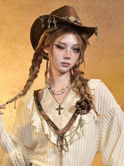 Vintage Punk Brown Rose Brooch with Antique Gold Key & Double Chains