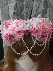 Pink Leopard Pattern Floral Design Beaded Charm Rhinestone Decorated Lace Trim Bowknot Hairclip