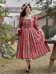 Red Vintage Striped Pattern Lace Trim Square Neckline Dress