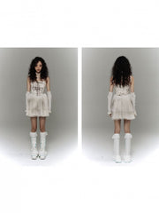 White Punk Slip Dress with Crisscross Lacing & Distressed Tulle Tiered Skirt