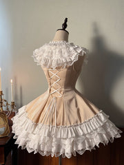 Clearance - Size S for Bust 88cm Champagne Striped Fabric Slim Fit Waist Layered Ruffle Neck Sweet Lolita Sleeveless Dress