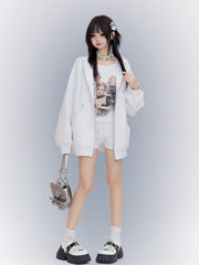 White Zip Closure Loose Sports Hoodie