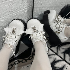 Y2K Matte White Punk Stud Buckle Strap Bat Wings Design Platform Shoes